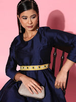 Women Navy Contrast Border Anarkali Maxi Dress