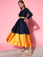 Women Navy Contrast Border Anarkali Maxi Dress