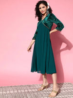 Women Emerald Green Velvet Zari Embroidered Dress