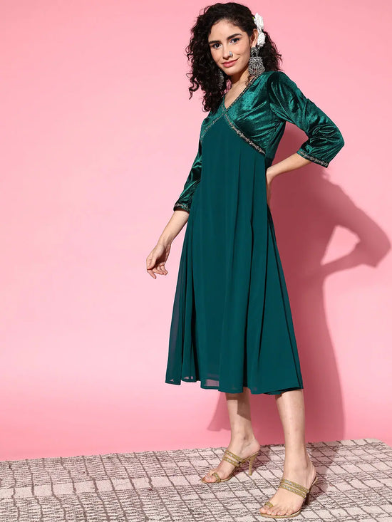 Women Emerald Green Velvet Zari Embroidered Dress