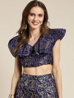 Women Navy Chanderi Foil V Neck Crop Top