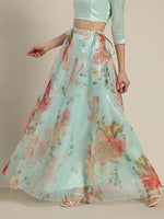 Women Sea Green Organza Floral Anarkali Skirt