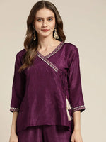 Women Burgundy Mirror Embroidered Angrakha Top