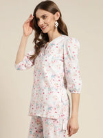 Women White Floral Sustainable Puff Sleeves Top