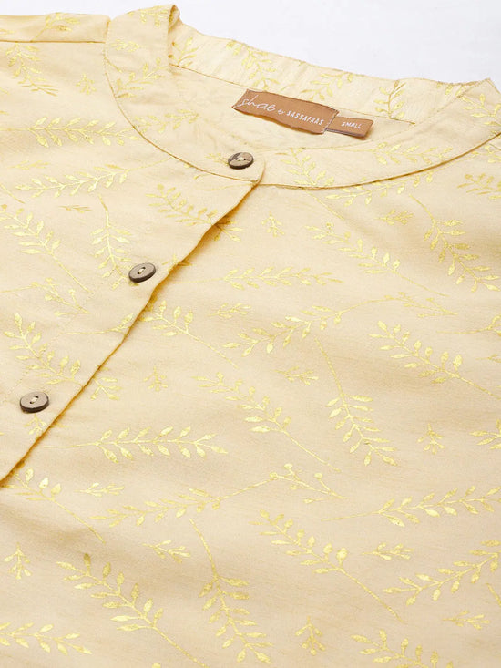 Women Beige Chanderi Gold Foil High Low Shirt