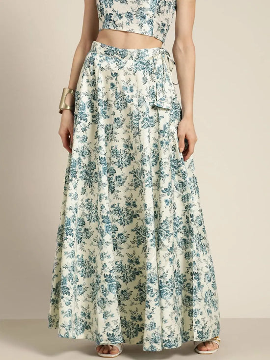 Women Blue Floral Chanderi Anarkali Skirt