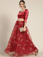 Women Maroon Organza Floral Anarkali Skirt