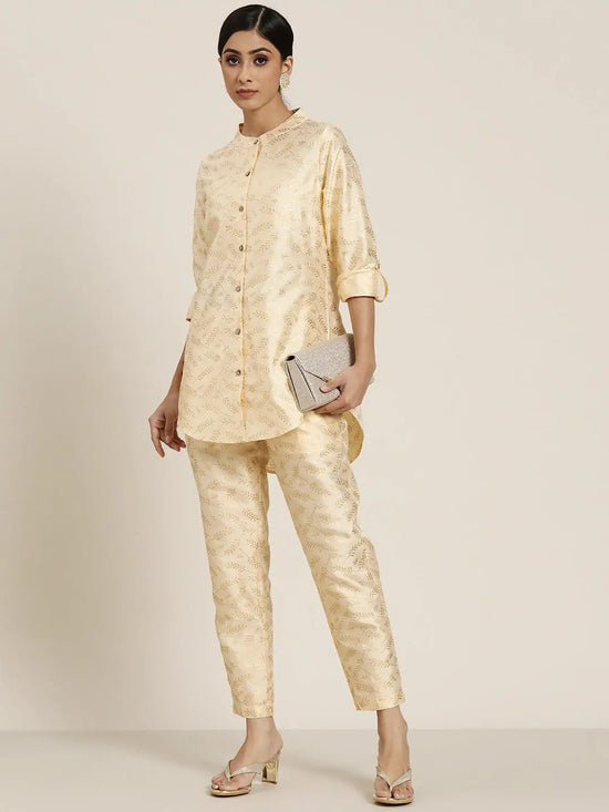 Women Beige Chanderi Gold Foil Shirt With Pencil Pants