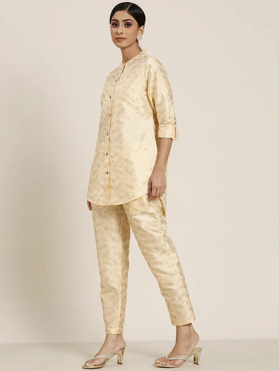 Women Beige Chanderi Gold Foil Shirt With Pencil Pants