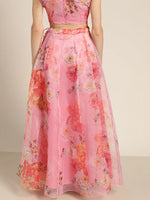 Women Pink Organza Floral Anarkali Skirt