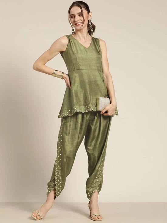 Women Olive Mirror Embroidered Dhoti Pants