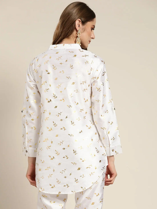 Women White Chanderi Gold Foil High Low Shirt