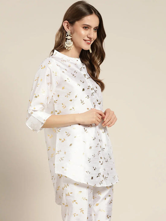 Women White Chanderi Gold Foil High Low Shirt