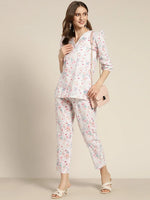 Women White Floral Sustainable Straight Pants