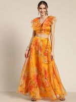 Women Yellow Organza Floral Crop Top With Anarkali Skirt