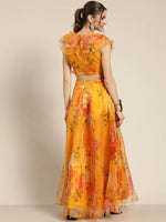 Women Yellow Organza Floral Crop Top With Anarkali Skirt