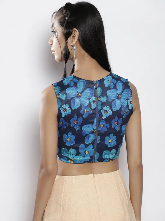 Women Navy Floral Scuba Sweetheart Neck Crop Top