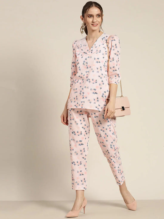 Women Powder Pink Floral Sustainable Straight Pants