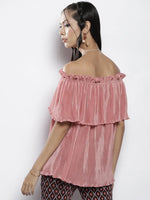 Women Pink Pleated Chinon Frill Bardot Top