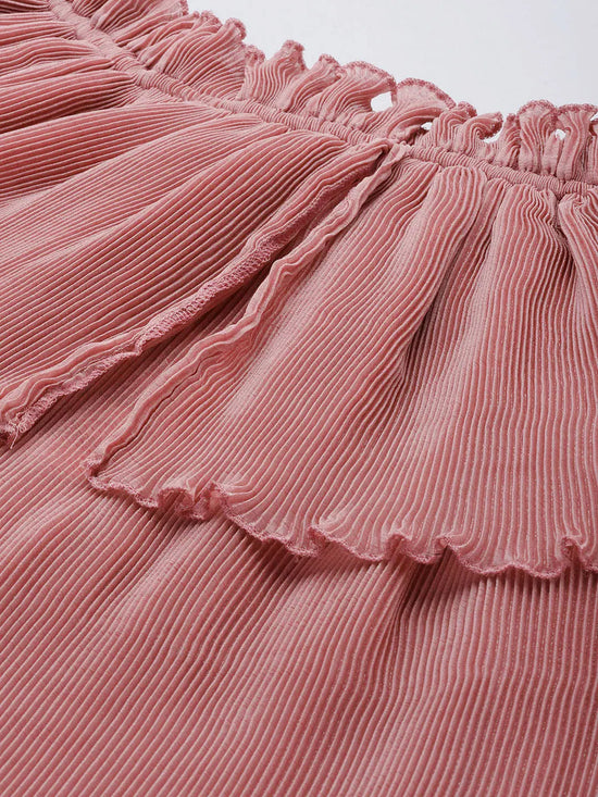 Women Pink Pleated Chinon Frill Bardot Top