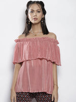 Women Pink Pleated Chinon Frill Bardot Top