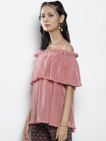 Women Pink Pleated Chinon Frill Bardot Top