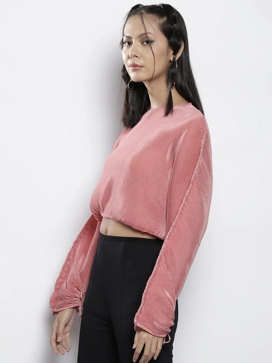 Women Pink Pleated Chinon Balloon Top