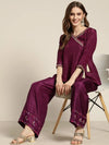 Women Burgundy Mirror Embroidered Palazzo Pants