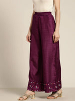 Women Burgundy Mirror Embroidered Palazzo Pants