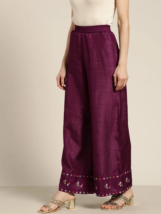 Women Burgundy Mirror Embroidered Palazzo Pants