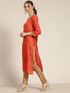 Women Orange Mirror Embroidered Straight Kurta