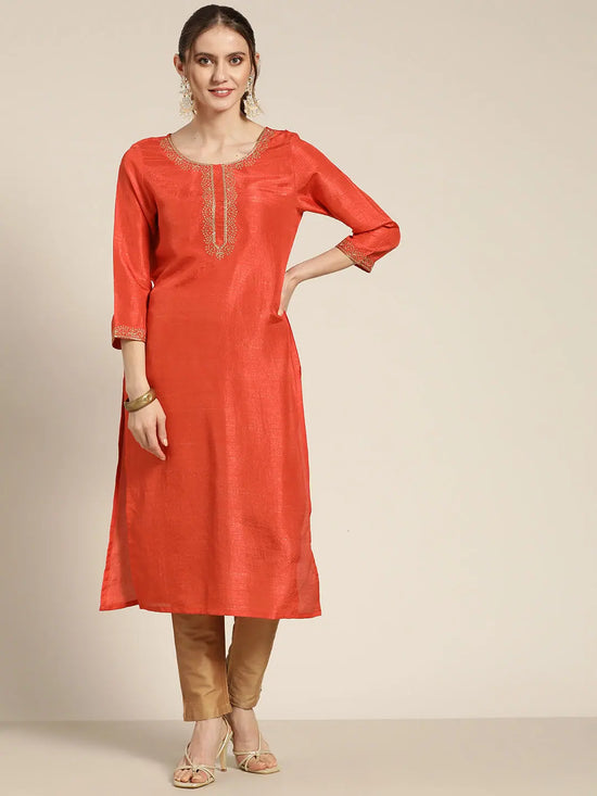 Women Orange Mirror Embroidered Straight Kurta