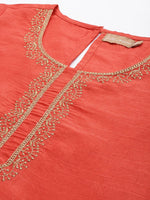 Women Orange Mirror Embroidered Straight Kurta