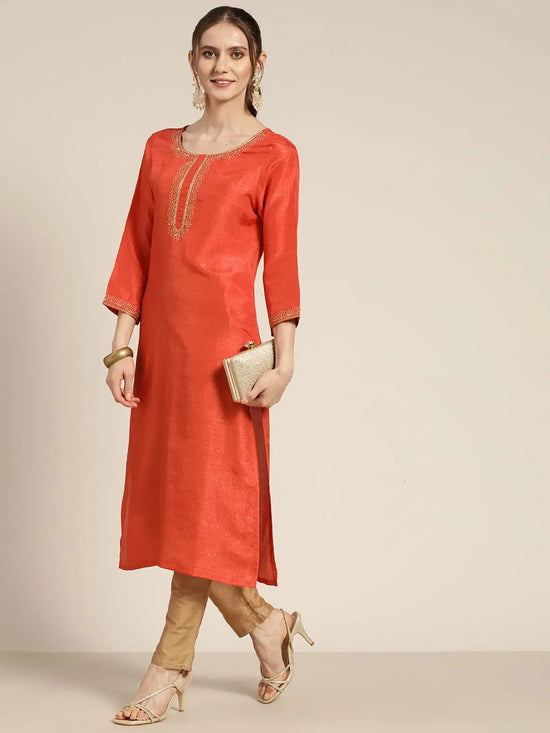 Women Orange Mirror Embroidered Straight Kurta