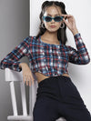 Women Blue Check Knit Corset Crop Top