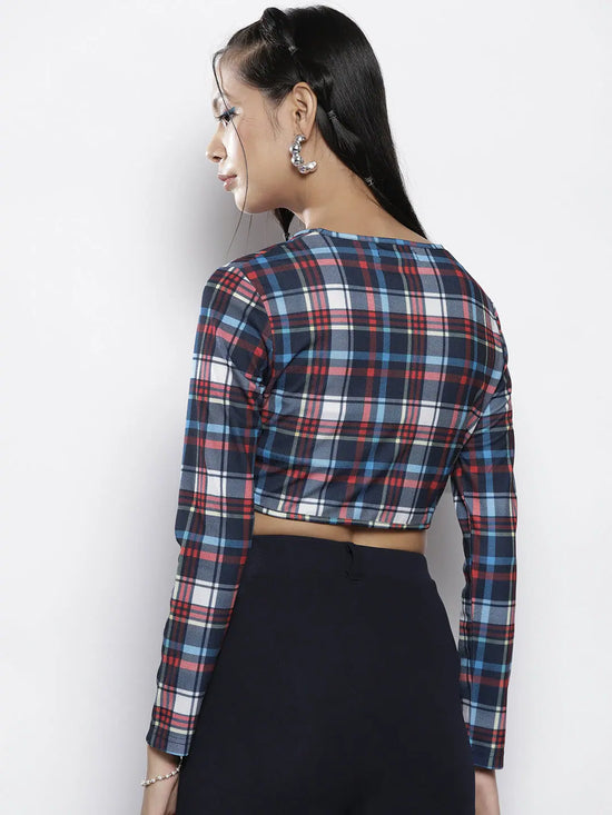 Women Blue Check Knit Corset Crop Top