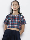 Women Blue Check Knit Crop Top