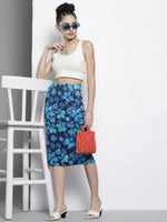 Women Navy Floral Scuba Pencil Skirt