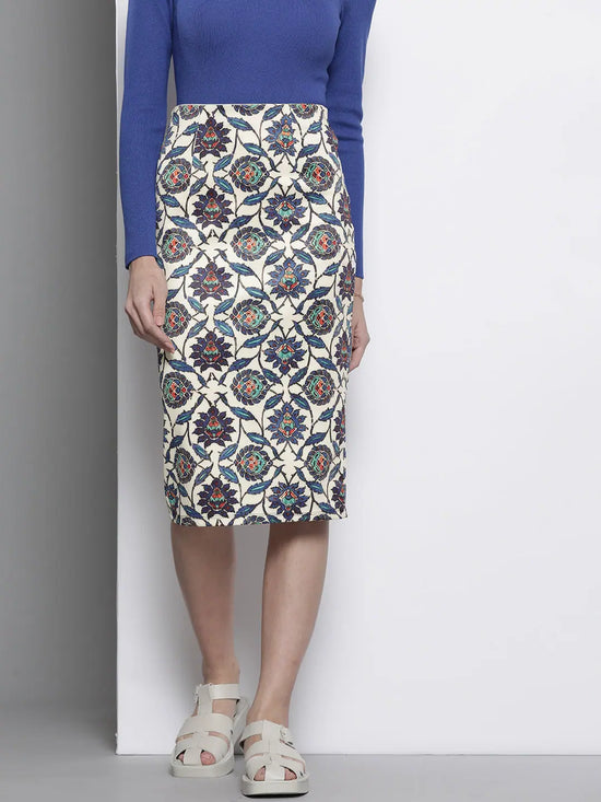 Women Navy Ethnic Motif Scuba Pencil Skirt