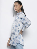 Women Blue Floral Satin Shirt