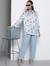 Women Blue Floral Satin Shirt