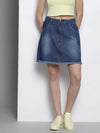 Women Blue Denim Front Zipper Mini Skirt