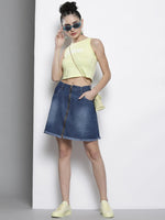 Women Blue Denim Front Zipper Mini Skirt