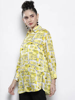 Women Yellow Newspaper Print Satin Shirt