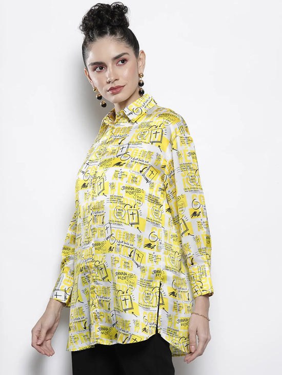 Women Yellow Newspaper Print Satin Shirt