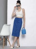 Women Blue Twill Front Button Pencil Skirt