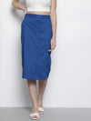 Women Blue Twill Front Button Pencil Skirt