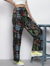 Women Black Text Print Staright Pants