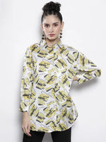 Women White Newspaper Print Satin Shirt