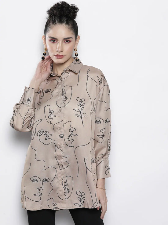 Women Champagne Line Art Print Satin Shirt